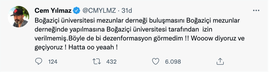 cem yilmaz dan bogazici universitesi ne mezunlar dernegi tepkisi